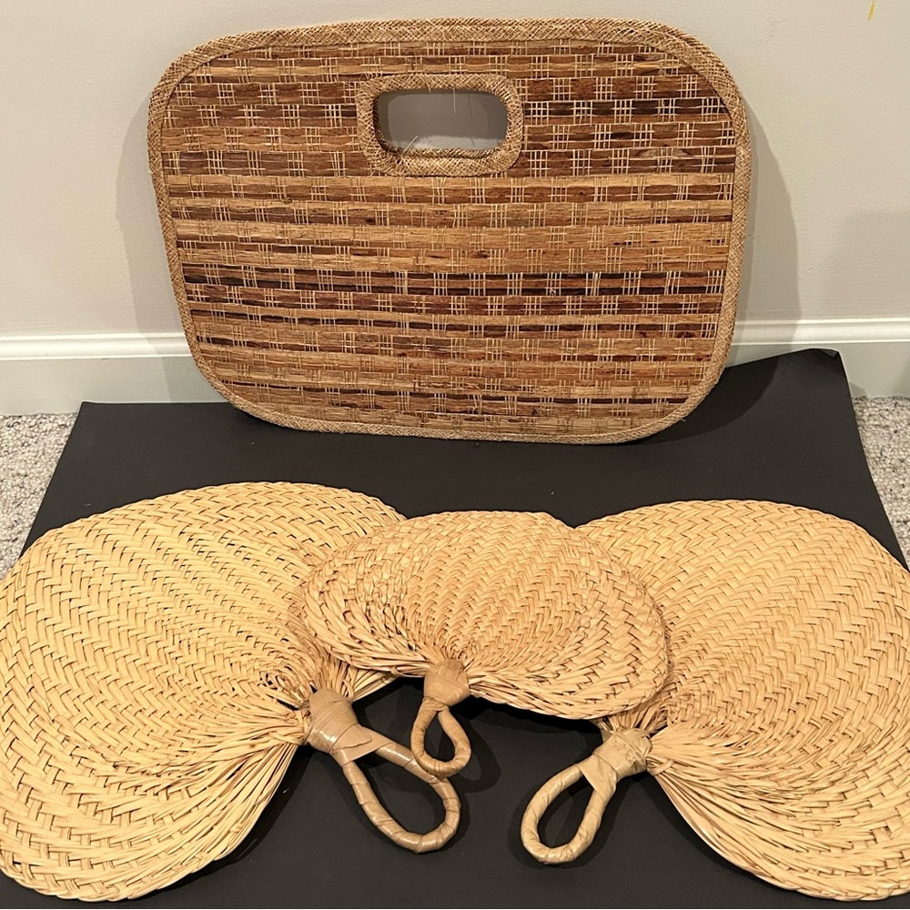 Vintage Rattan Wicker Fans & Purse Set